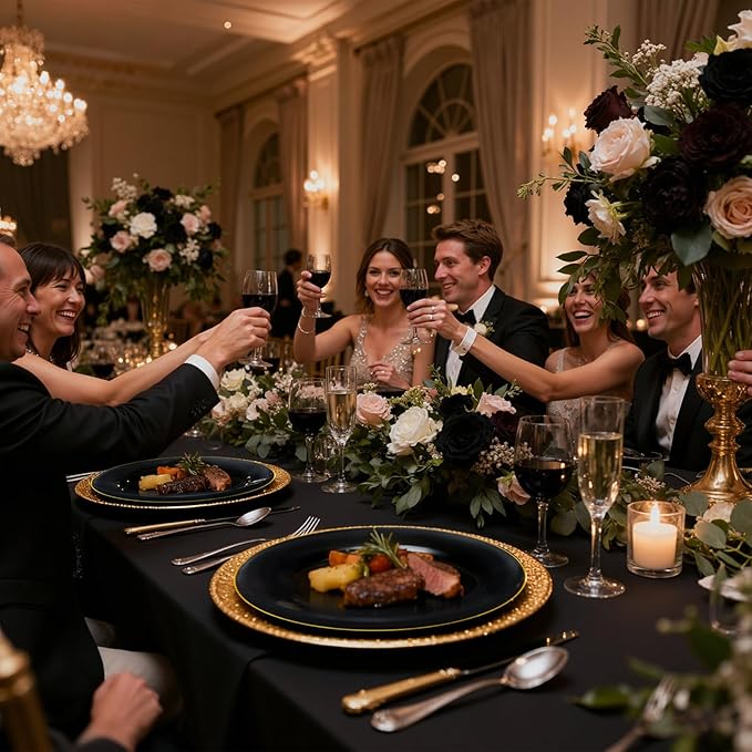 KIRE 100PCS Black and Gold Plates - Black Plastic Plates Disposable with Gold Rim for Halloween Party/Wedding/Birthday Include 50Pcs 10.25inch for Dinner and 50Pcs 7.5inch for Dessert/Salad