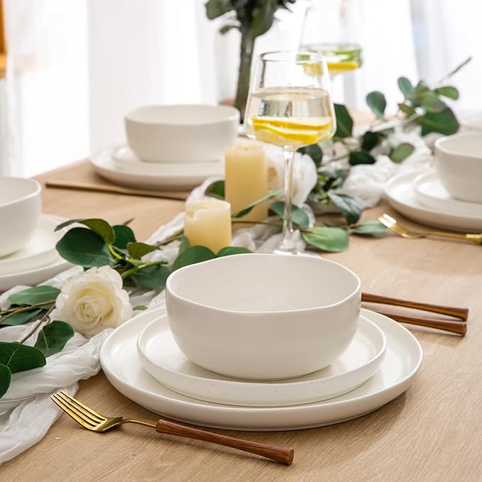 AmorArc Ceramic Dinnerware Sets, Wavy Rim Stoneware Plates and Bowls Sets,Dishwasher & Microwave & Oven Safe Dishes set, Service for 6 (18pc)-Matte Speckled White