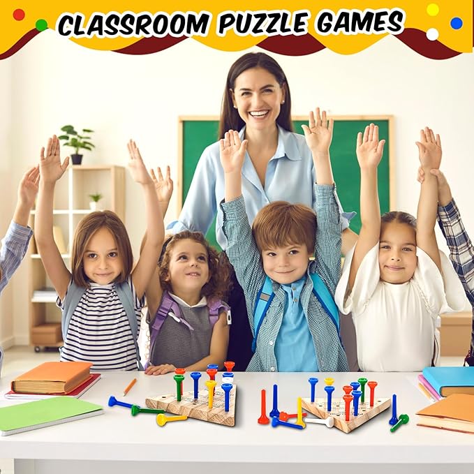 Skylety 24 Pack Triangle Peg Games Wooden Board Table Game for Family Boys Girls Adults, Learning Toys Travel Peg Jump Toys Triangle Puzzle Brain Teaser Christmas Gifts (Multicolor)