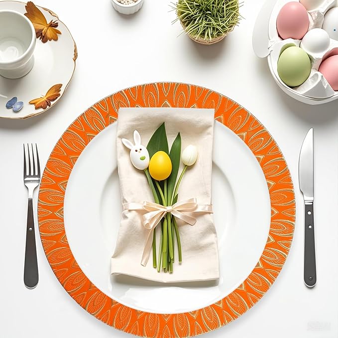 Orange Charger Plates, 13 Inch Set of 6 Plastic Peacock Chargers for Dinner Plates,Table Settings, Easter, Thanksgiving, Christmas Party, Family Gathering.