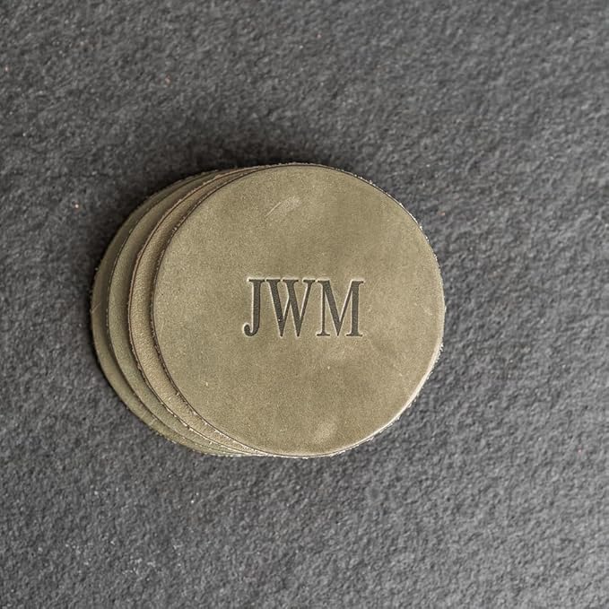 Ox & Pine Personalized Leather Coaster - Sold Individually or in Sets of 4 - Customize Inscription - 100% Full-Grain Leather – 4" Round or 4" Square (Round, Brown, Set of 4 Coasters)