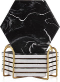 Cool Black Marble Coaster Set with Holder Hexagon Absorbent Coasters Modern Ceramic Coster 6 Pack Best Stone Drink Coaster Beverage Coffee Table Decor Funny Bar Desk Cup Coasters
