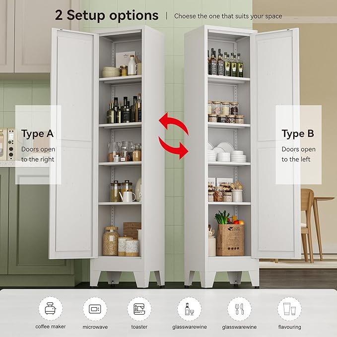 Narrow Metal Cabinet with 4 Adjustable Shelves and Barn Doors,Tall Bathroom Storage Cabinet, Metal Pantry Organizer for Kitchen,Home Office, Dining Room,White