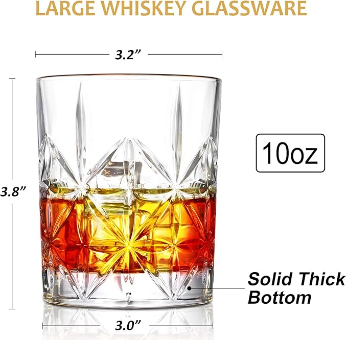 Whiskey Glass Set of 2, 10 oz Crystal Whiskey Glasses Thick Bottom Bourbon Gifts for Men, Old Fashioned Rocks Glasses Tumbler for Scotch, Cocktail, Father's Day Gifts for Men (Glass Set 2)