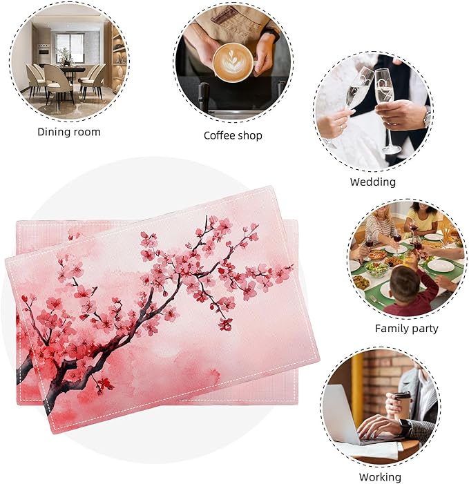 Japanese Cherry Blossom Placemats Set of 4, Pink Sakura Floral Place Mats, Flower Waterproof Washable Table Mats for Home Party Indoor Kitchen Dining Table Decoration 12x18 Inch