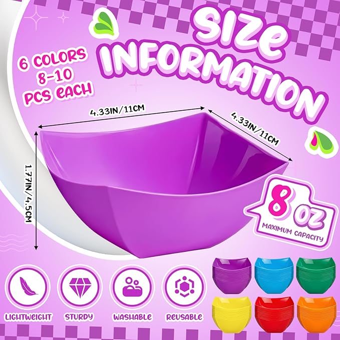 Tanlade 50 Pcs Square Plastic Serving Bowls Disposable Snack Salad Bowl Small Party Candy Bar Containers Taco Bar Serving Dishes for Buffet Chips Fruit (8 oz,Rainbow Colors)