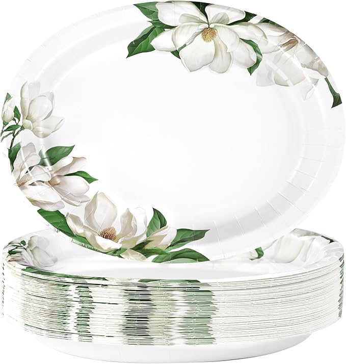 50 Pcs Magnolia Floral Oval Paper Plates Large 10"x12" White Magnolia Floral Plates Disposable Heavy Duty White Flowers Green Leaf Plates for Spring Wedding Bridal Shower Decor Birthday Party Supplies