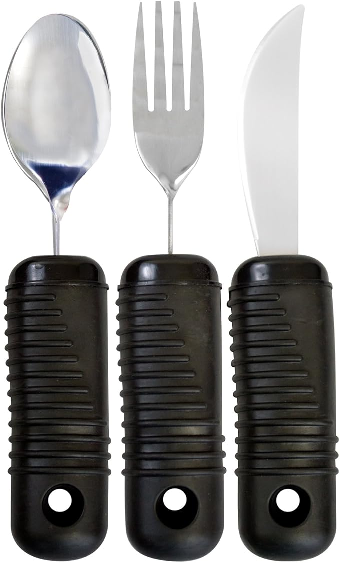 3 Piece Super Easy Grip Flatware Set - Bendable Built Up Utensils - Fork, Knife, and Spoon (Standard) - Black