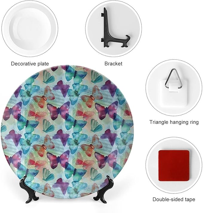 Ceramic Plates, Abstract Decorative Ceramic Plates, Watercolor Rainbow Colored Butterflies and Letterings Music, 6 Inch, for Dining, Parties, Wedding, Multicolor