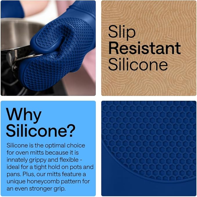 GORILLA GRIP BPA-Free Soft Silicone Oven Mitts, Heat Resistant and Waterproof Cooking Gloves, Thick Cotton Lining, Flexible Gripping for Baking Grilling, Kitchen Potholders Set of 2, 12.5x8.3, Blue
