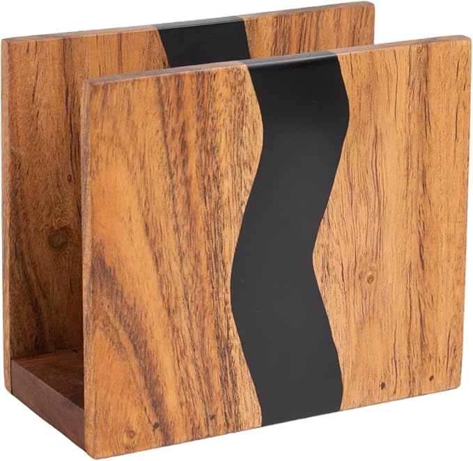 Acacia wood & Transparent Epoxy resin Napkin holder for table, Rustic farmhouse napkin organisation for kitchen, dining, counter tops, restaurant or outdoors | 6x5x2.5 inches|(Black)