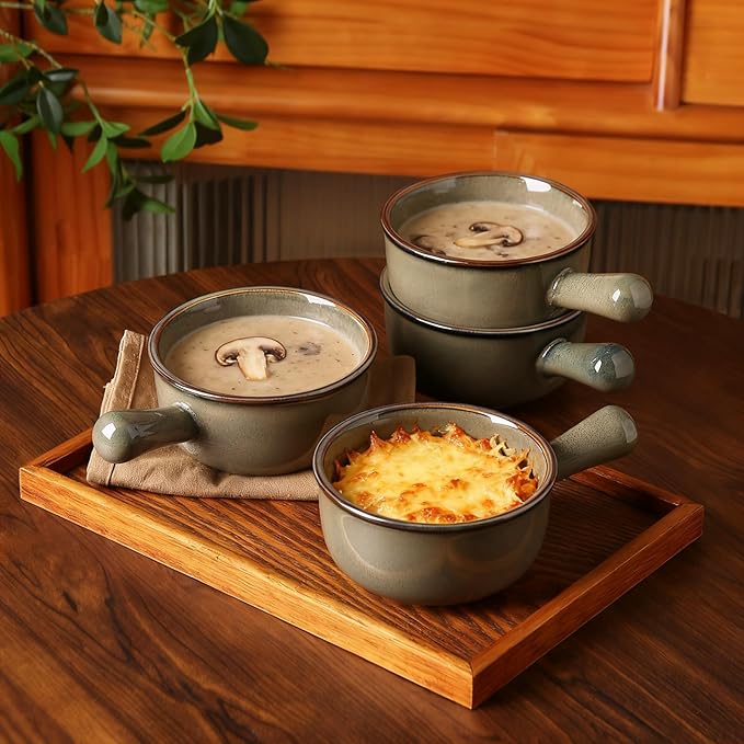 MONITO 16 Oz French Onion Soup Bowls, Ceramic Soup Bowls with Handles, Stackable Soup Crocks Oven Safe for Chili, Beef Stew, Cereal,Casseroles Microwave & Dishwasher Safe, Set of 4, Olive Green