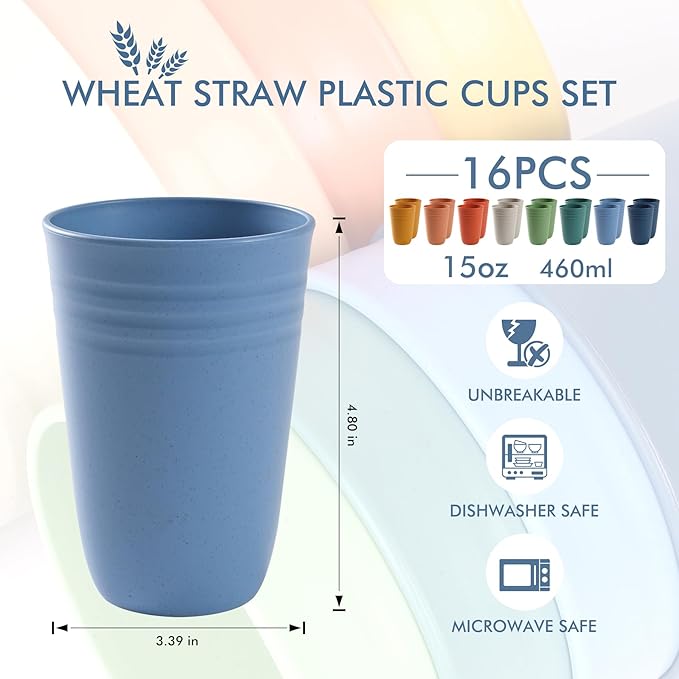 HOTEC 16-Pack 15oz Plastic Cups, BPA-Free Reusable Drinking Cup set, Unbreakable Tumblers, Dishwasher Safe Water Plastic Glasses, Multicolor