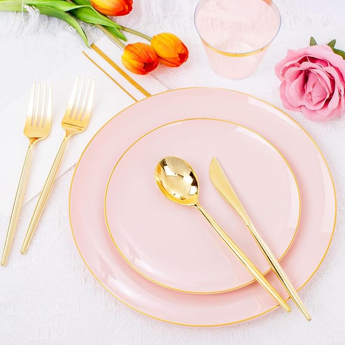 MirthMood 210PCS Pink Plastic Plates with Gold Rim – Plastic Plates Set Includes 30 Dinner,30 Dessert Plate,30 Cup&30 Napkins 90 Gold Silverware for Wedding&Birthday Parties&Valentine's Day
