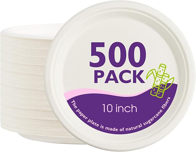 Compostable Paper Plates 10 Inch 500 Pack, Biodegradable Disposable Plates Heavy Duty White Plates, Made of Natural Sugarcane Bagasse, Unbleached Round Dinner Plates