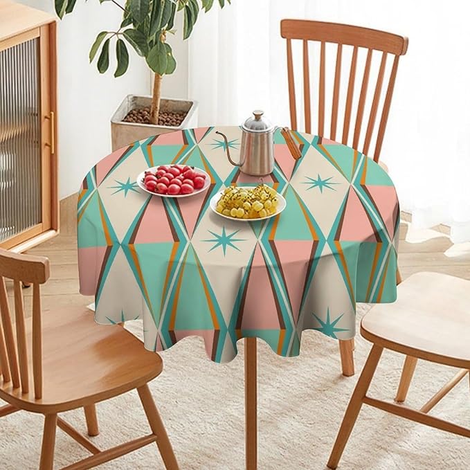 Mid Century Round Tablecloth, Vintage Bohemian Modern Mid-Century 50s 60s Print Tablecloth for Home Party Dining Room Kitchen Decor 36Inch(90cm)