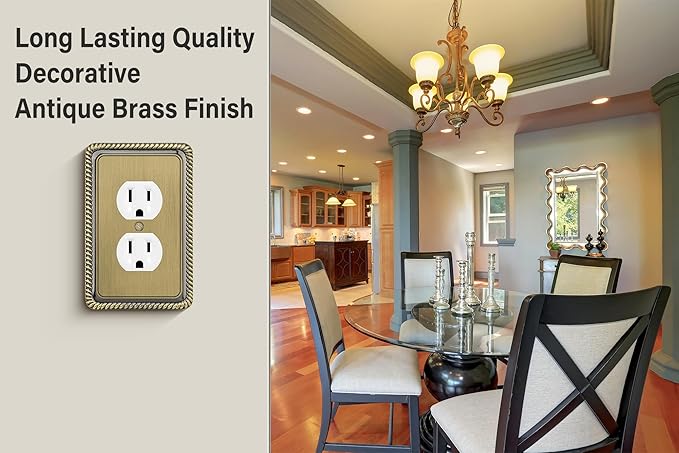 Henne Bery Rope Edge Decorative Wall Plate Switch Plate Outlet Cover (Single Duplex, 2 Pack, Antique Brass)