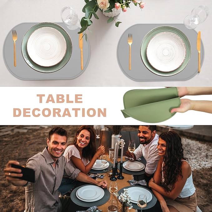 uxcell 2 Pcs Oval Silicone Placemat, 15.4" x 10.4" Non-Slip Washable Table Placemats Heat Resistant Waterproof Mat with High Edge for Table Kitchen Desk Protection, Green