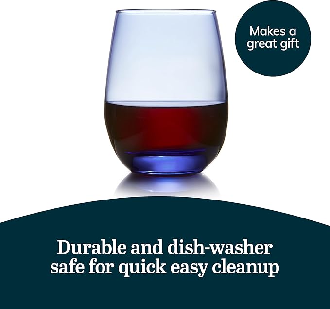 Libbey 231L Stemless Wine Glasses Set of 12, Tidal Blue, Restaurant Quality Red and White Wine Glasses, Drinking Glasses Set for Large Gatherings