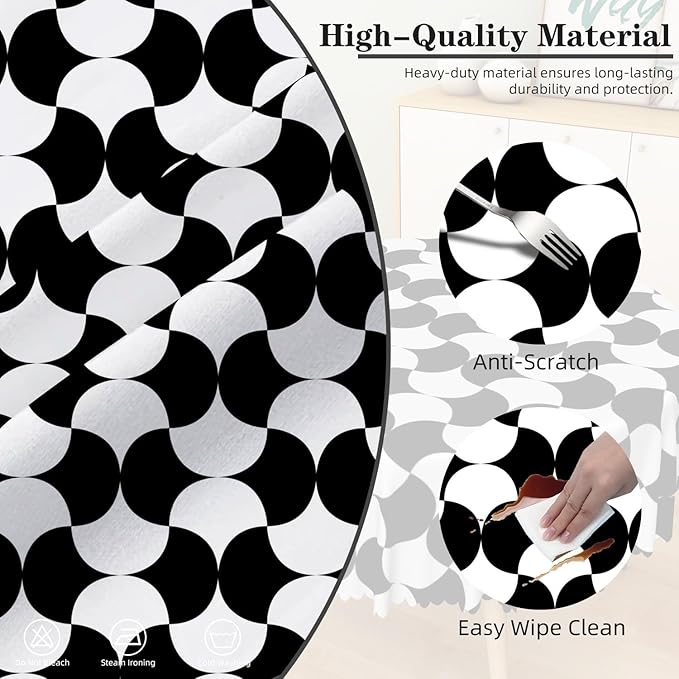 Laeacco 36 Inch Geometric Round Tablecloth Black and White Abstract Pattern Modern Art Print Table Cloth Washable Waterproof Wrinkle Free Table Cover for Kitchen Dining Picnic Party Decoration