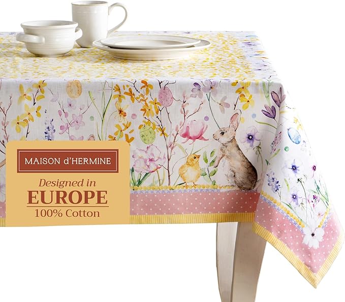 Maison d' Hermine Table Cloth Rectangle Table 100% Cotton 60 x 108 Inches Tablecloth Reusable Decorative for Dining Room Farmhouse Home Valentines Day Decorations Spring Summer - Easter Zest