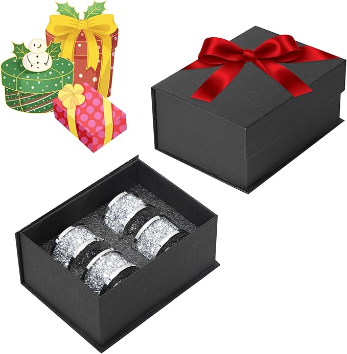 SHYFOY Silver Diamond Napkin Ring Glass Framed, Crystal Dinning Cloth Rings Set of 4 Piece, Glam Serviette Buckle Cloth Holder Sparkle Bling Crushed Diamond Table Decor Accessories