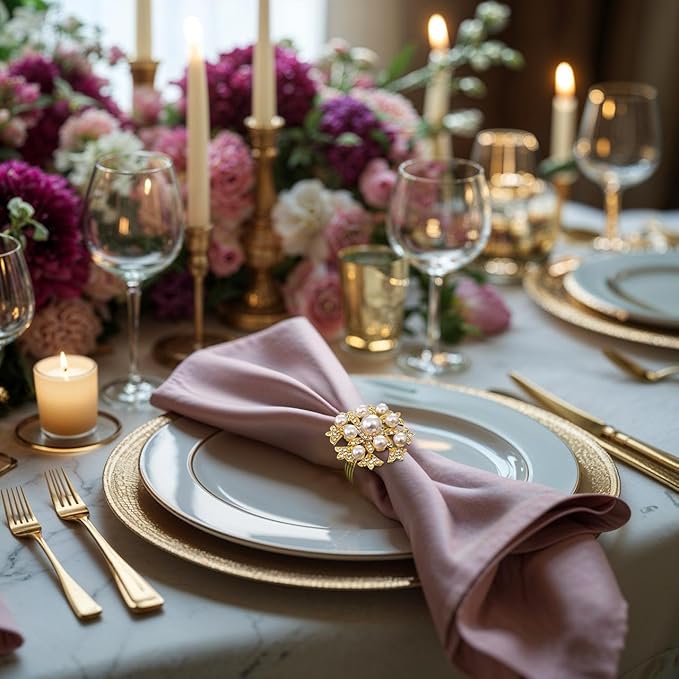Decozen Set of 8 Gold Napkin Rings with Pearl Design, Festive, Table Decor Setting for Holiday, Wedding, Birthday, Kitchen, Home Decor, Housewarming Gift - Thanksgiving & Christmas Gift Decoration