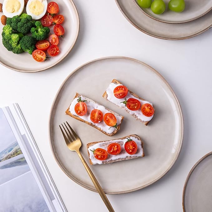 AmorArc Ceramic Plates Set of 6, 8.5 Inch Handmade Reactive Glaze Stoneware Plates set for Dessert, Salad, Appetizer, Dinner, Microwave & Dishwasher Safe, Scratch Resistant-Cappuccino