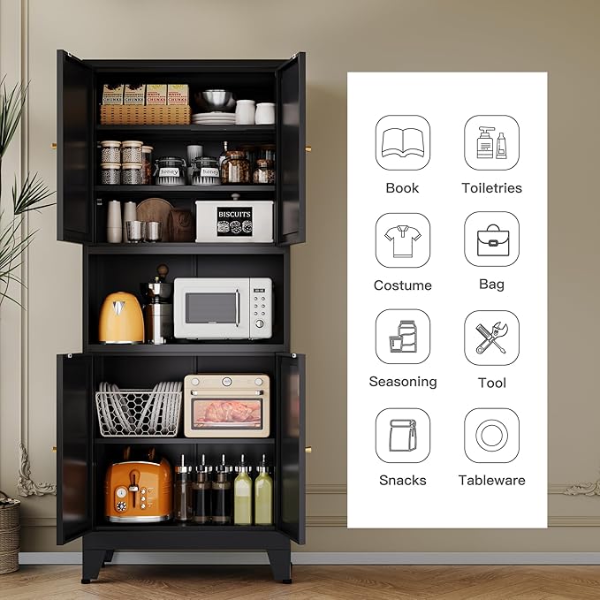 Metal Pantry Storage Cabinet, 69" Tall Storoge Cabinet with 4 Doors & 3 Adjustable Shelves, Microwave Stand with Storage for Kitchen, Dining Room, Living Room (1PC,Black)