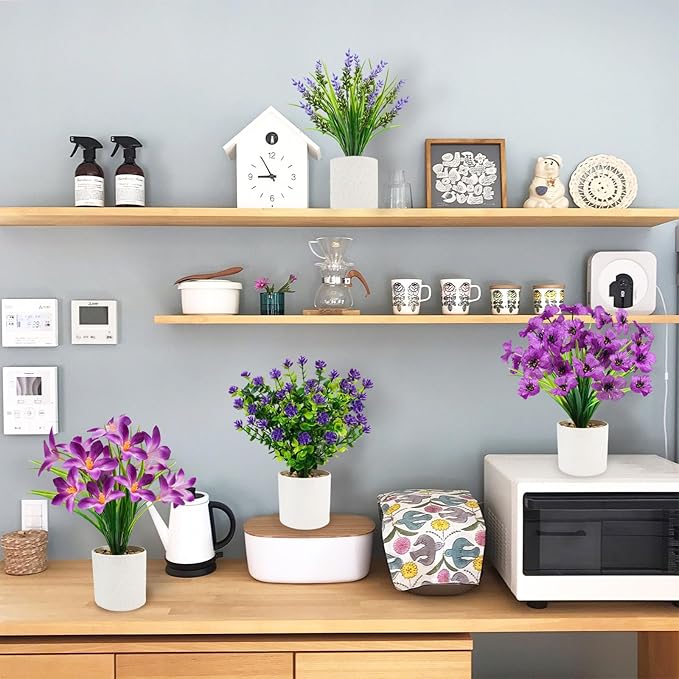 4 Packs Artificial Pot Flowers, Mini Purple Fake Potted Flowers Small Faux Plants Indoor for Home Office Bathroom Farmhouse Tabletop Spring Decor