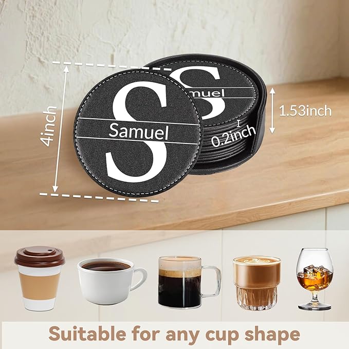 Personalized Coasters, Custom Set of 6 Leather Coaster for Drinks with Holder, DIY Customized Name, Logo, Text，Non-Slip, Heat Resistant, Waterproof for Coffee Table Bar Wine Cup Housewarming