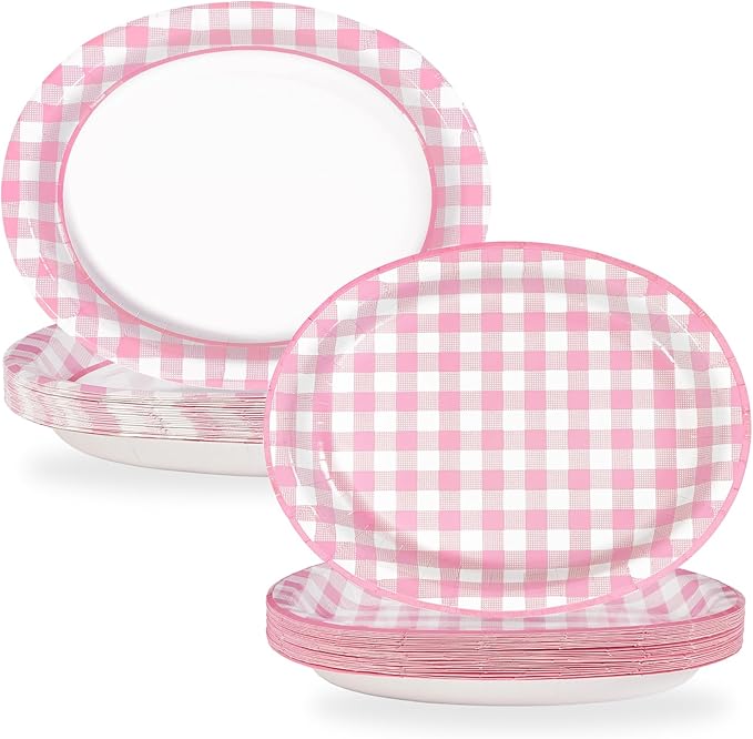 50Pcs Pink Gingham Oval Paper Plates 10" x 12" Large Disposable 400GSM Heavy DutyPink and White Buffalo Checked Plaid Dessert Plates for BBQ Picnic Birthday Summer Dinner Party Supplies Decorations
