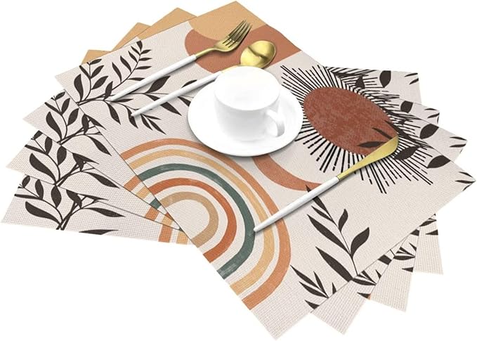 Mid Century Abstract Boho Placemats Orange Vintage Aesthetic Nature Leaf Sun Modern Washable Place Mats 12x18Inch for Dining Kitchen Farmhouse Decor 6 PCS