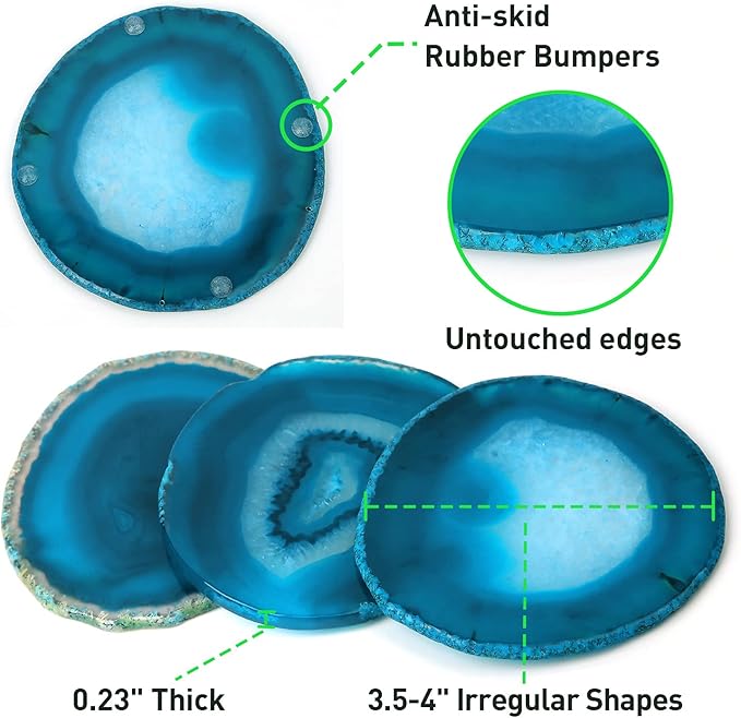 Agate Coaster Set of 4 for Drinks, Stone Coaster for Coffee Table 3.5-4" Geode Coaster Decor for Housewarming, Birthday, (Blue)