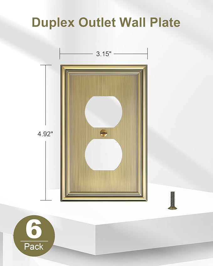 6-Pack Single Duplex Outlet Cover Plate, Decorative Antique Brass Switch Plates and Outlet Covers, Metal Wall Plates for Electrical Outlets, 1 Gang Receptacle Cover, Corrosion Resistant