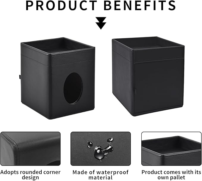 Tissue Box Cover Square Tissue Box Holder PU Leather Facial Tissues Organizer with Storage Tray for Bathroom Vanity Bedroom Office Car, Stylish Napkin Caddy Decorative Organizer (Black)