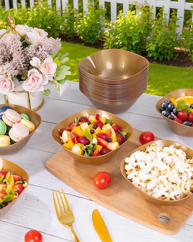 bUCLA 50Pack Gold Plastic Serving Bowls - 16oz Disposable Serving Bowls for Party Dessert/Ice Cream/Salsa/Snack