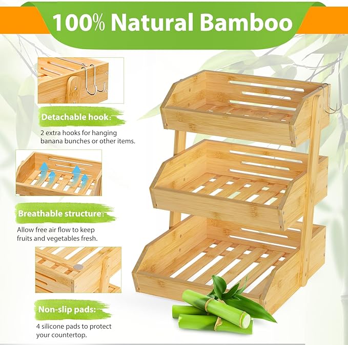 Bamboo Fruit Basket for Kitchen – 3 Tier Fruit Bowl For Kitchen Counter, Large Fruit Holder With 2 Banana Hangers, Idea For Fruit and Vegetable Storage, Bread Basket, Snack Organizer(Bamboo)