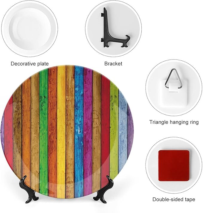Ceramic Display Plate, Abstract Ceramic Hanging Decorative Plate, Vibrant Wooden Artistic Cheerful Art Rainbow Image, 6 Inch, Household Custom Ceramic Plate, Multicolor