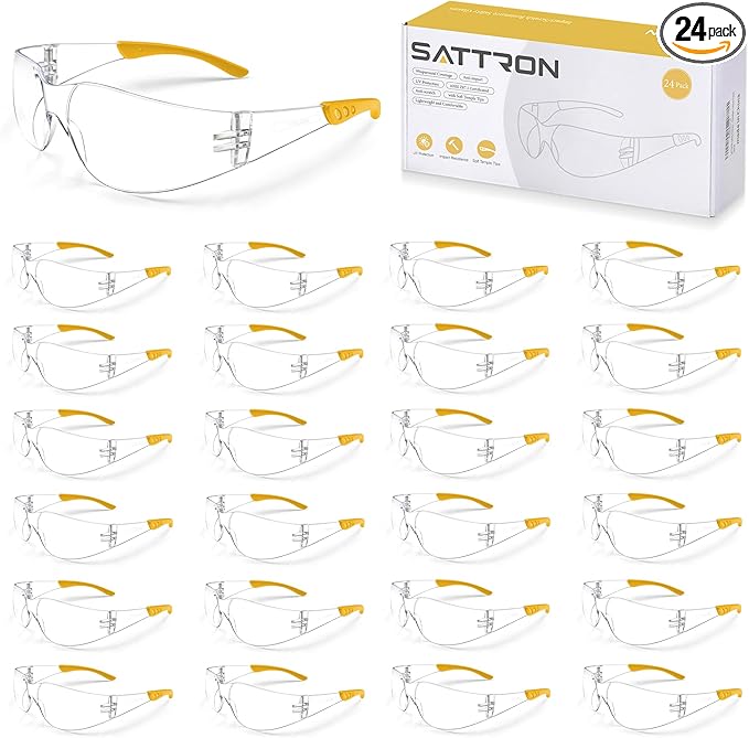 Clear Safety Glasses 24PK, Protective Eyewear Polycarbonate Lens with Rubber Temples ANSI Z87.1 Anti-Scratch Impact Resistant Eye Protection for Man Woman Clear Lens/Yellow Frame
