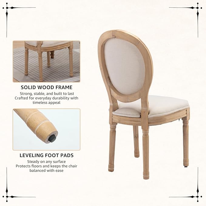 Vintage French Dining Chairs Set of 4, Round Back Accent Chairs with Linen Seat and Solid Wood Frame, Farmhouse Sillas de Comedor Upholstered for Dining Room & Kitchen, Beige