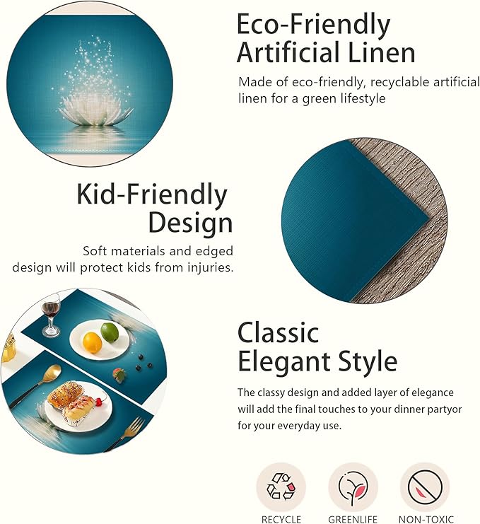 Placemats,Magic Lotus Placemats 12x18 Inch Waterproof Non-Slip Washable Table Mats for Kitchen Dining Party Table Decor,Set of 6