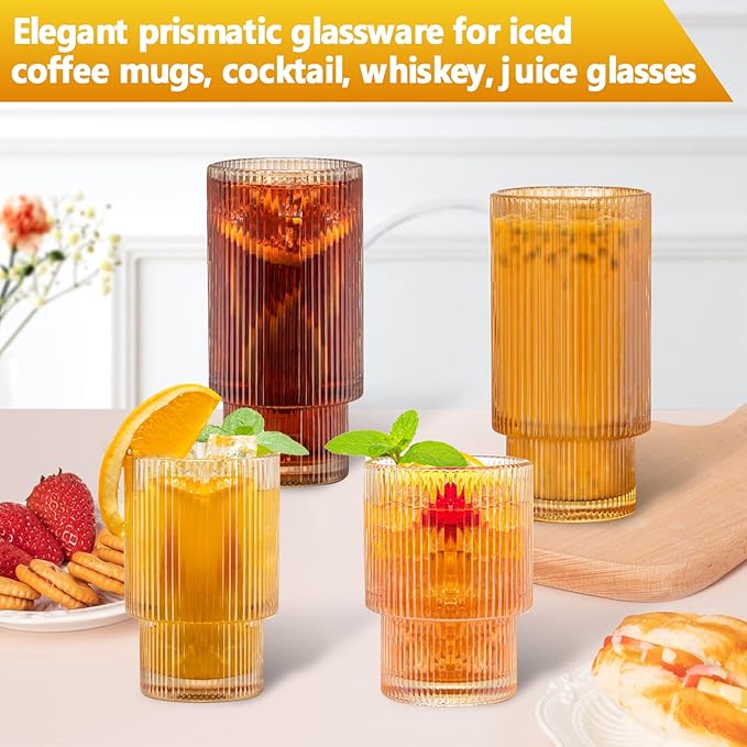 12 Pack Ribbed Drinking Glasses – Amber Glassware Set, 6 Highball 16Oz & 6 Rocks 6Oz Cups, Elegant Ribbed Glassware, Vintage Drinking Glasses For Water, Juice, Cocktails, Whiskey, Beer