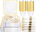 DaYammi 175 PCS Clear Gold Plastic Plates,Gold Plastic Dinnerware Sets,Includes: 25 Dinner Plates,25 Salad Plates,25 Pre Rolled Napkins with silverware,25 Cups 9 OZ, Perfect for Wedding and Party