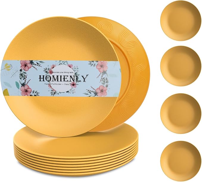 Homienly Flat Dinner Plates Set - 8 Microwave & Dishwasher Safe Wheat Straw Plates, Unbreakable, 9 inch Yellow