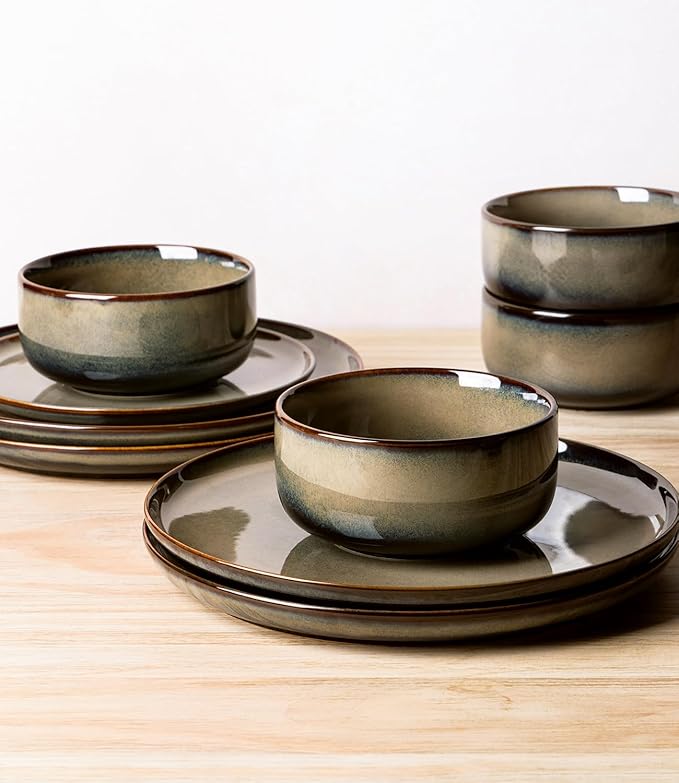 TheTerra Ceramic Dinnerware Sets for 8, 24 Pieces Handmade Reactive Glaze Plates and Bowls Set, Scratch Resistant Dish Set, Oven & Microwave & Dishwasher Safe, Cocoa Clay