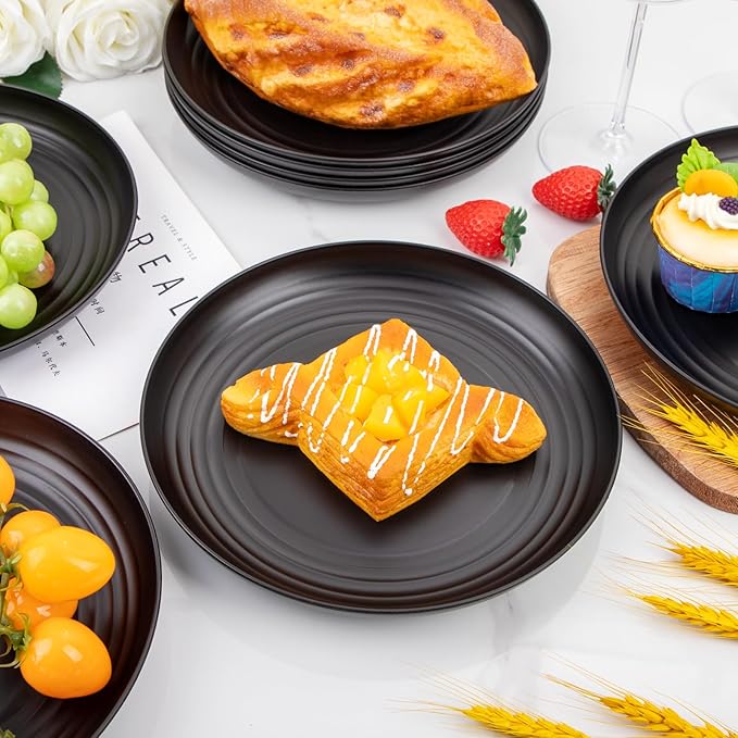 LIYH 20 Pcs Wheat Straw Black Plastic Plates - 9 Inch Unbreakable Dinner Plate Reusable, Dishwasher & Microwave Safe, Camping Outdoor Plates