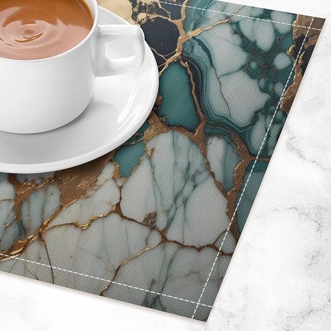 Marble Linen Placemats Set of 2, Modern Abstract Foil Texture White Green Gold Marble Washable Place Mats, Non Slip Placemat for Home Party Dining Tables Wedding Kitchen Banquets Decor 12x17 Inch
