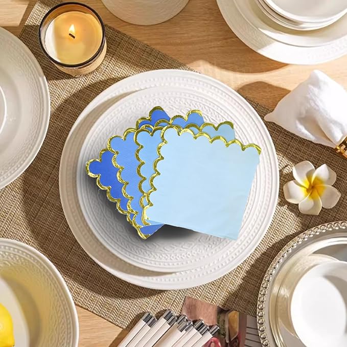 100 pack Blue Cocktail Napkins with Gold Foil Accents Scalloped Edges 5 x 5 inch Beverage Disposable Napkin Party Decoration Wedding Bridal and Baby Shower Dinner Lunch Supplies