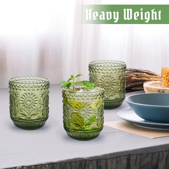 Topsky Vintage Drinking Glass Set of 6,12 oz Embossed Floral Decorative Glassware Set,Glass Cups Wine Glasses Beverages Tumblers Colored Glassware for Whisky,Beer,Juice,Cocktail,Heavy Duty